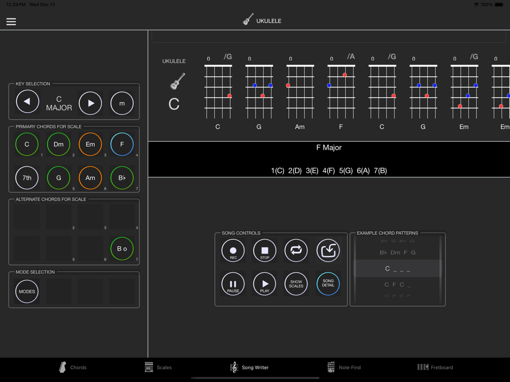 StringMaster Uke - StringMaster Uke app songwriter tool showing chord diagrams and scale selection