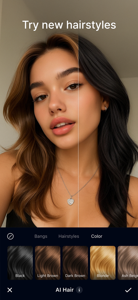 AI 분할 화면 비교로 다양한 헤어 컬러를 미리 보는 GlowUp 앱을 사용하는 여성