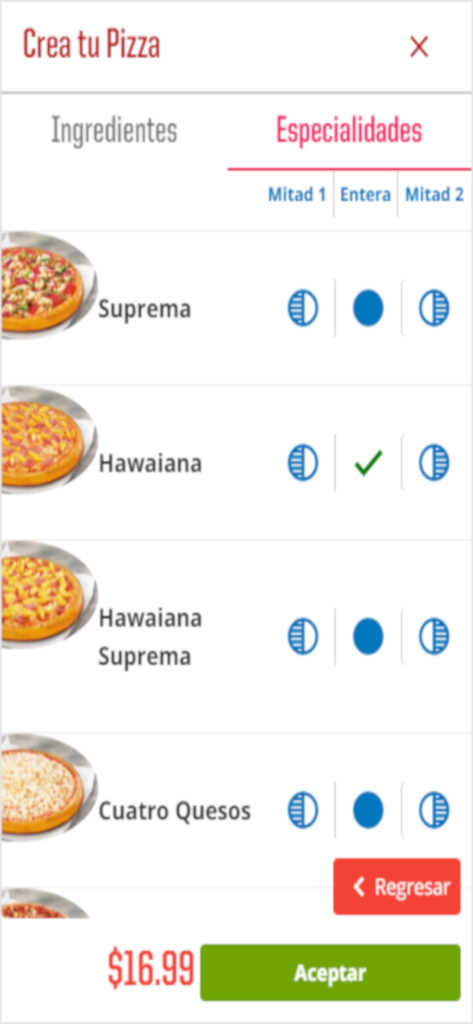Pizza Hut El Salvador app screen showing options to customize a pizza with different specialty toppings like Suprema and Hawaiana