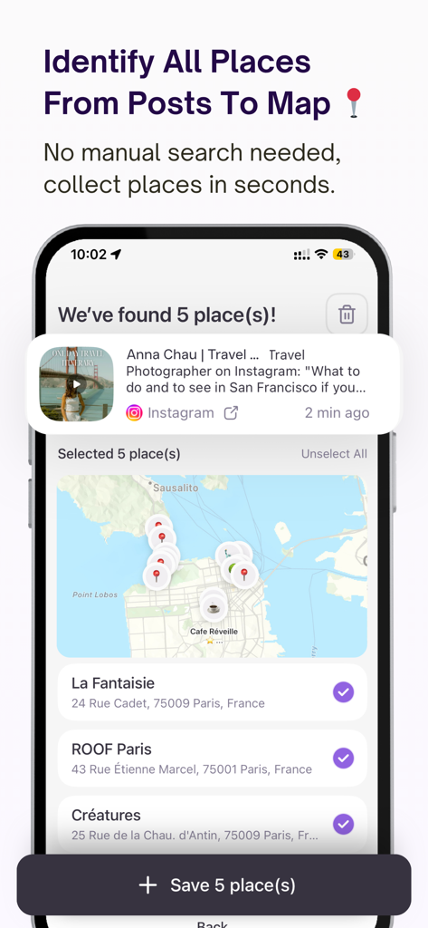 A mobile interface showing the Voyla app identifying five locations from a social media post on a map.