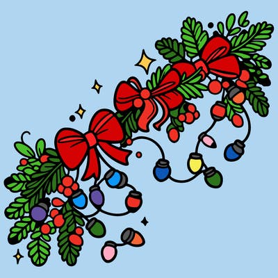 christmas garland: decorated with lights and ribbons..simple vector art