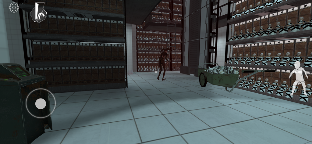 Nightmare Gate: Horror Game - A creepy scene in Nightmare Gate showing a tall monster in a room filled with shelves of mysterious dolls.