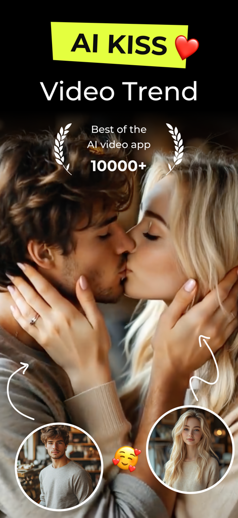AI Hug & Kiss Video Creator - AI Hug and Kiss Video Creator app screenshot showing a couple kissing with face swap character options