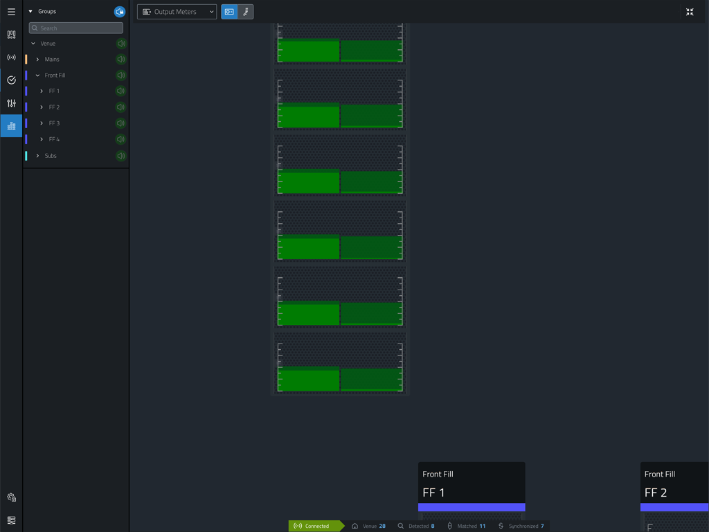 JBL Performance - JBL Performance app interface showing real-time audio output meters for speaker systems.