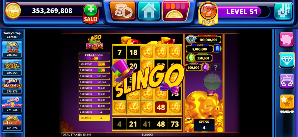 Slingo Arcade mobile app gameplay showing a bingo slots grid with a golden pig theme