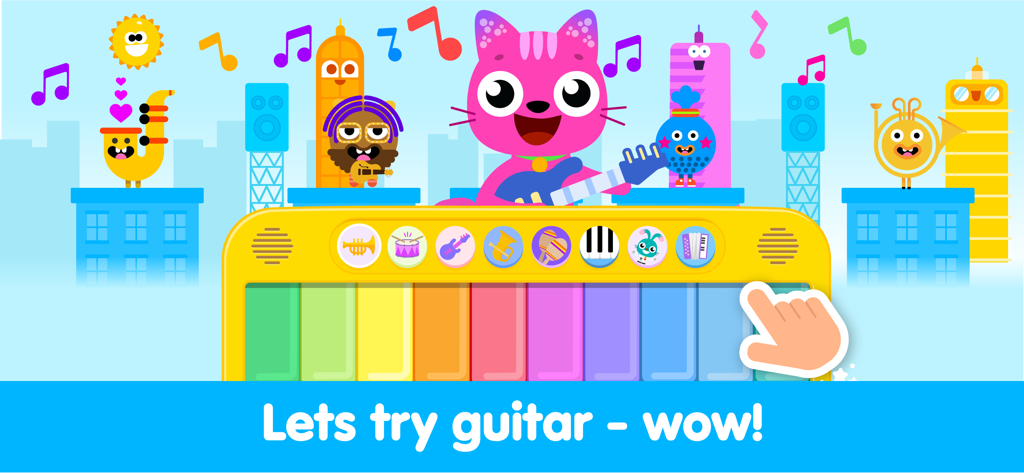 Kids Piano Fun: Music Games - A pink cartoon cat plays a blue guitar above a colorful toy piano interface in a musical game for kids.