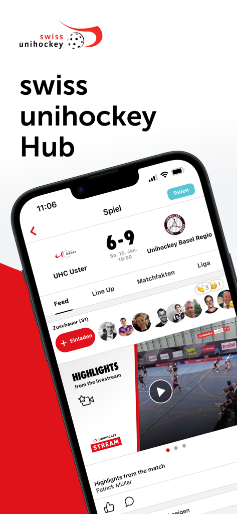 swiss unihockey hub - Mobile app screen showing floorball match results and video highlights in the Swiss Unihockey Hub app.