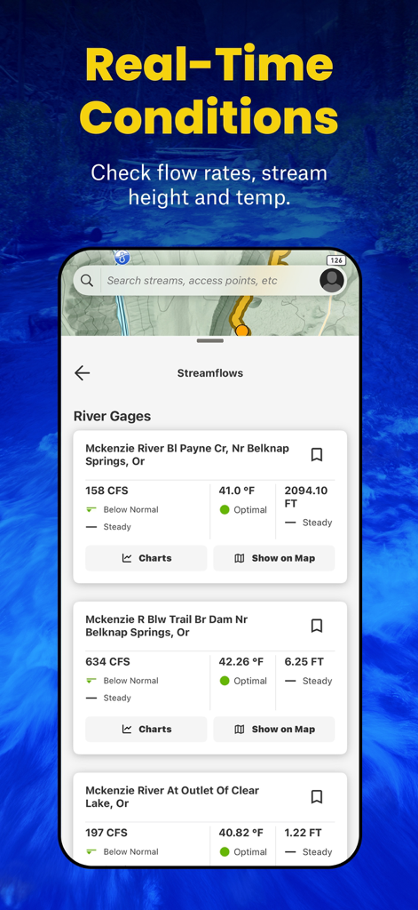 TroutRoutes: Fly Fishing App - TroutRoutes app interface showing real-time river conditions including flow rates water temperature and stream height