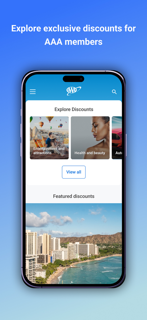 Screenshot dell'App Auto Club che mostra sconti esclusivi per i soci per viaggi, intrattenimento e salute