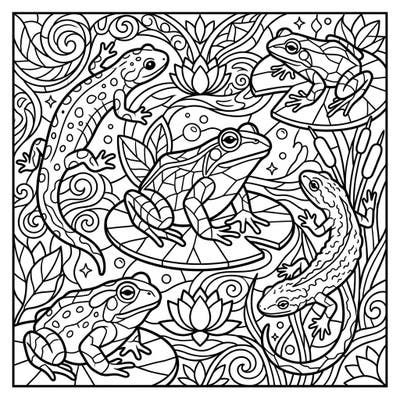 Explore the vibrant world of amphibians with this unique stained glass coloring page. Featuring frogs, salamanders, and newts amidst water lilies, it's a captivating blend of nature and artistic design.
