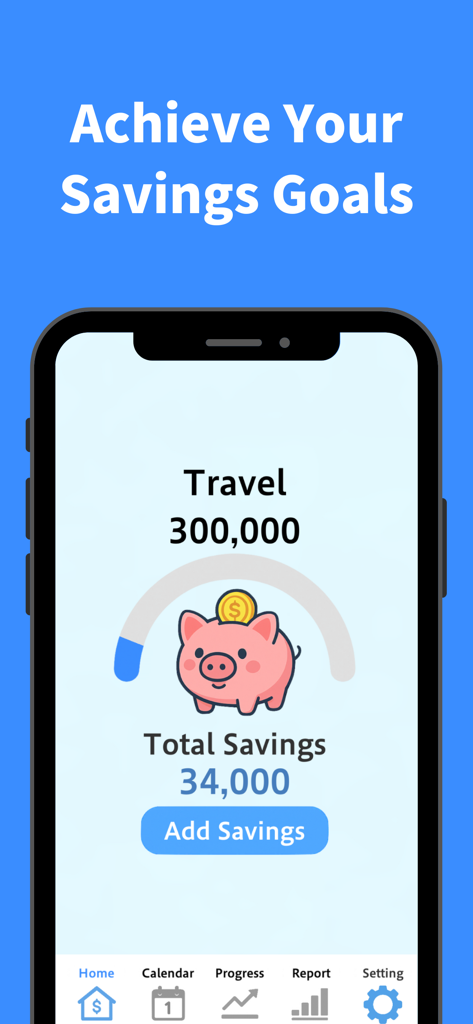 Savings Goal Calendar - Savings Goal Calendar app interface showing a travel savings goal with a cute piggy bank illustration