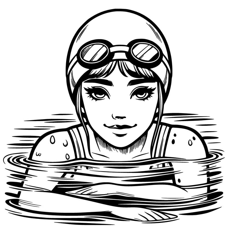 realistic girl swimmer, cap on water