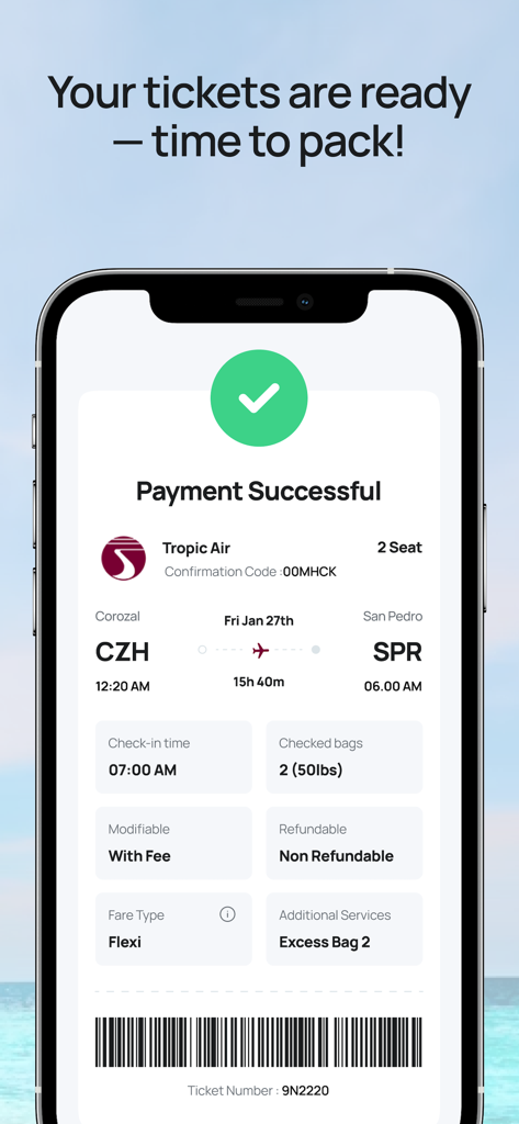 Um ecrã móvel mostrando uma confirmação de reserva de voo bem-sucedida e bilhete digital para a Tropic Air