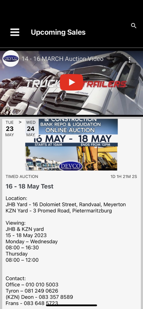 Devco Online - Mobile app interface displaying upcoming heavy equipment auction listings and details for Devco Online.