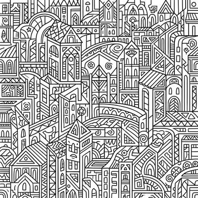 Immerse yourself in the complex beauty of an abstract cityscape with this stunning adult coloring page. Featuring highly intricate architectural details and urban patterns, it offers a rewarding challenge for mindful coloring.