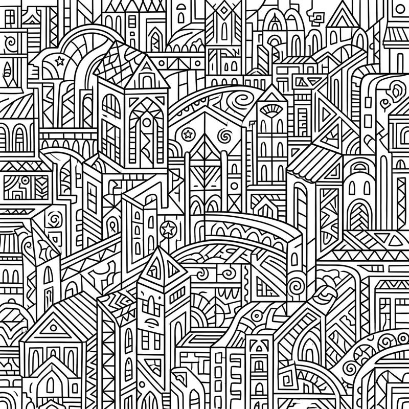 Immerse yourself in the complex beauty of an abstract cityscape with this stunning adult coloring page. Featuring highly intricate architectural details and urban patterns, it offers a rewarding challenge for mindful coloring.