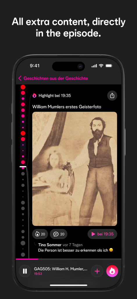 팟캐스트 에피소드에 동기화된 추가 시각 콘텐츠 및 댓글을 보여주는 CampfireFM 앱 인터페이스