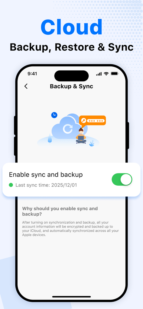 Authenticator App-Bildschirm zeigt Cloud-Backup- und Synchronisierungseinstellungen für die sichere Konto-Wiederherstellung