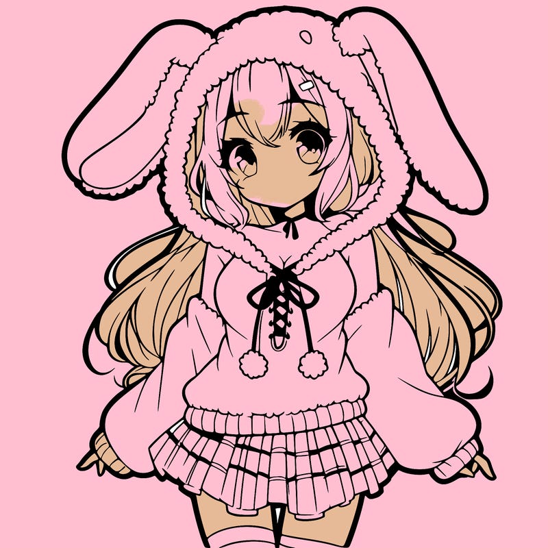 pretty anime girl wearing a fluffy hoodie with bunny ears on the hood and a skirt