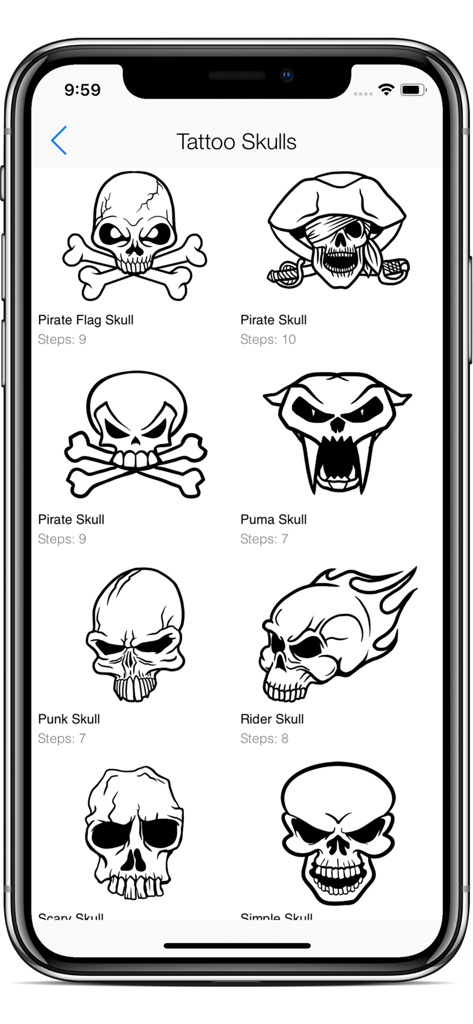 Step by step skull tattoo drawing tutorials in Draw Tattoo app