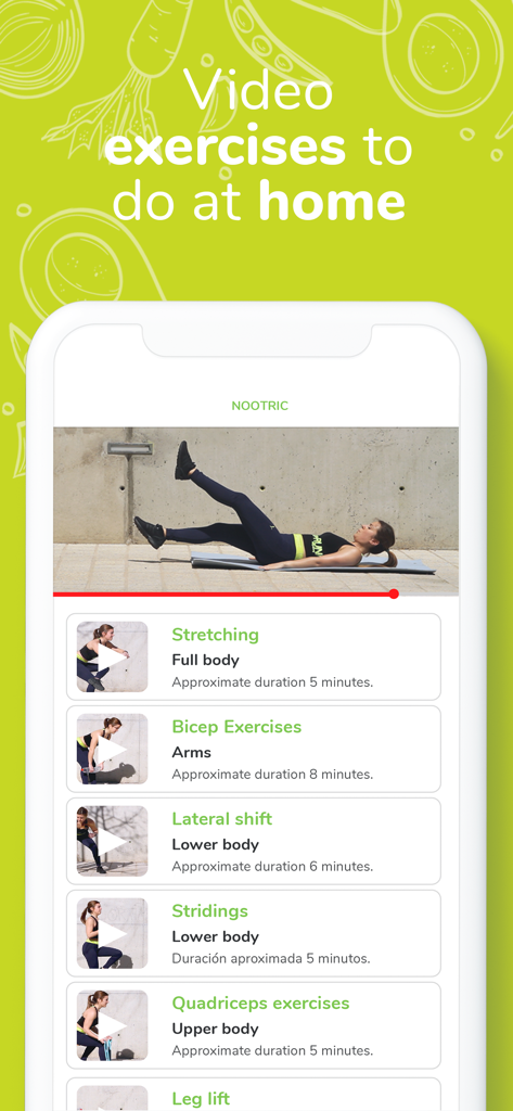 Nootric app interface displaying a list of video exercises for home workouts including stretching and bicep exercises