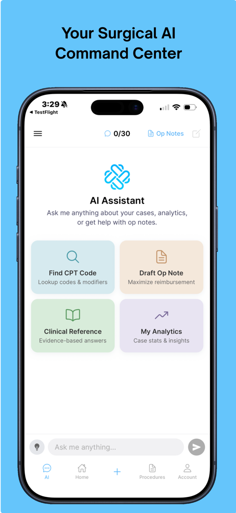 UNIRA - UNIRA mobile app dashboard featuring an AI assistant for surgical case logs, CPT coding, and operative notes.