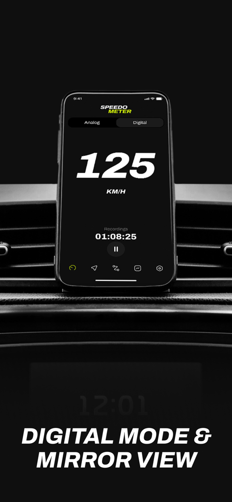 iPhone montado no painel de um carro exibindo um velocímetro digital com números brancos grandes e tempo de gravação