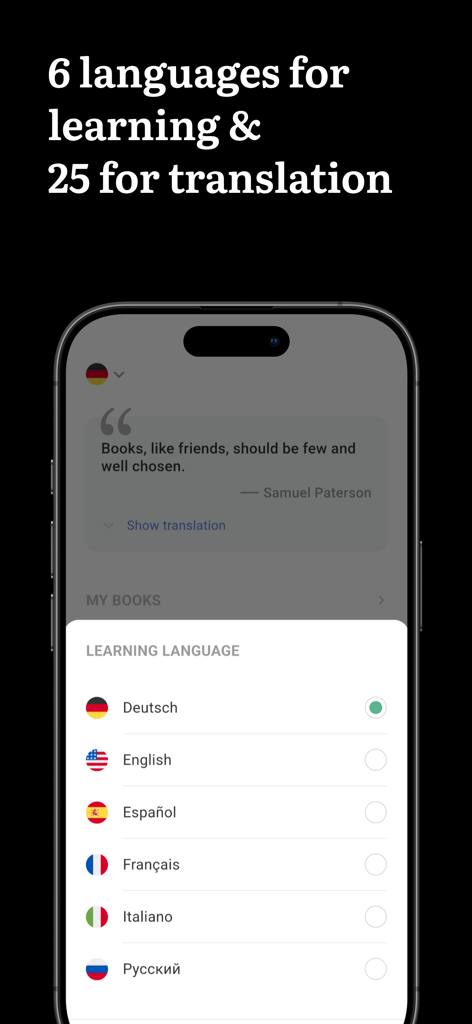 Linga: Read & Learn Languages - Interface of Linga app showing a list of supported languages for learning and translation