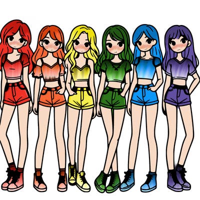 a group of girls wearing crop tops and shorts
