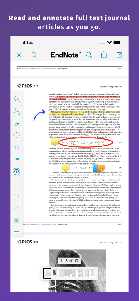 Interface do aplicativo EndNote exibindo um artigo de pesquisa com destaques e anotações