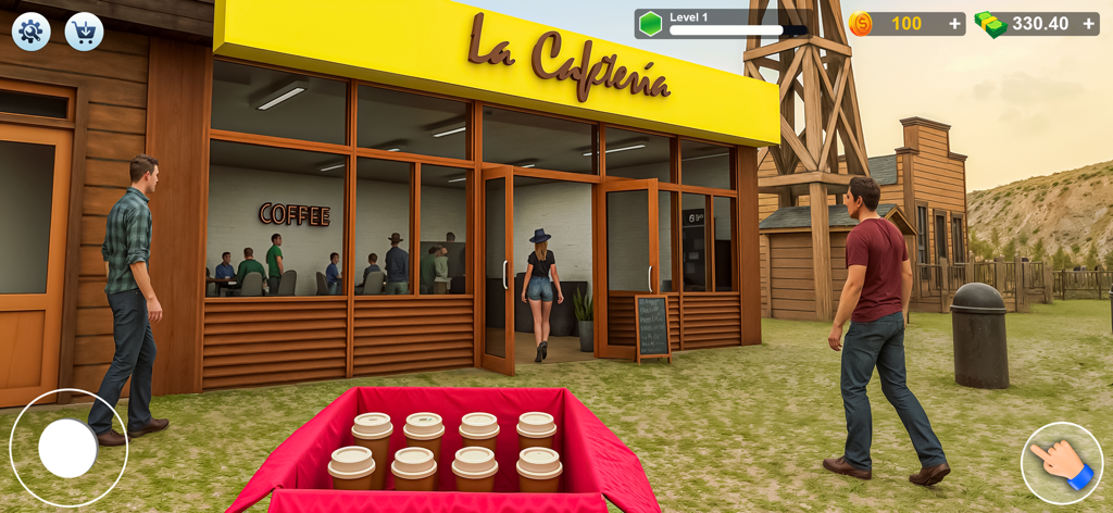 Cafe Shop Coffee Simulator - Gameplay screenshot of Cafe Shop Coffee Simulator showing the exterior of a cafe named La Cafeteria with customers and coffee cups