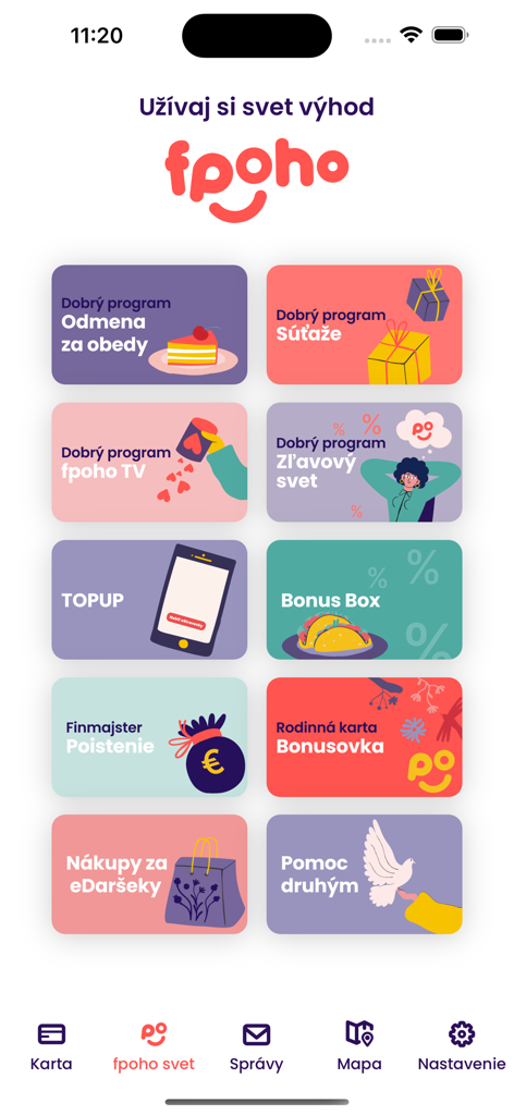 Main screen of the fpoho app featuring a grid of employee benefit programs and rewards