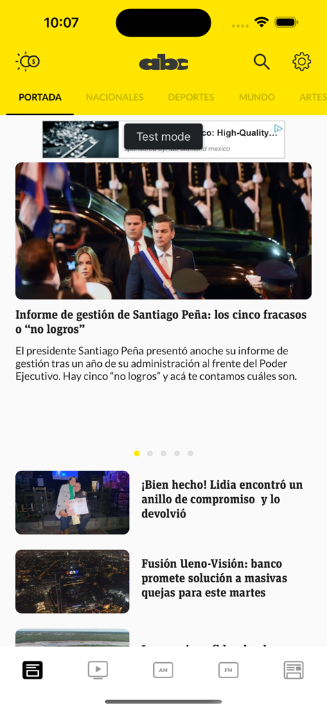 ABC Color - Interface de l'application mobile ABC Color affichant les titres de l'actualité locale paraguayenne et les catégories de navigation.