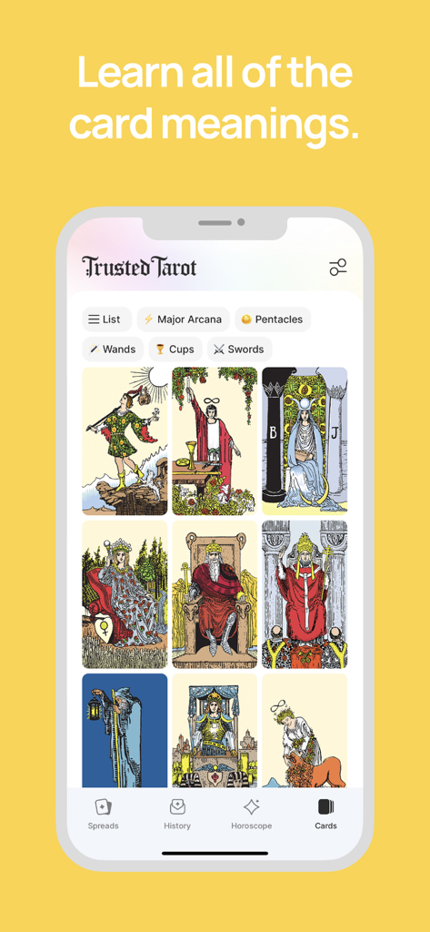 Trusted Tarot App-Oberfläche, die eine Bibliothek klassischer Tarotkarten anzeigt