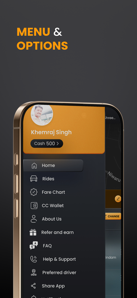 CarChalak - Menú de navegación lateral de la aplicación CarChalak que muestra opciones como 'viajes', 'tabla de tarifas' y 'billetera del usuario'.