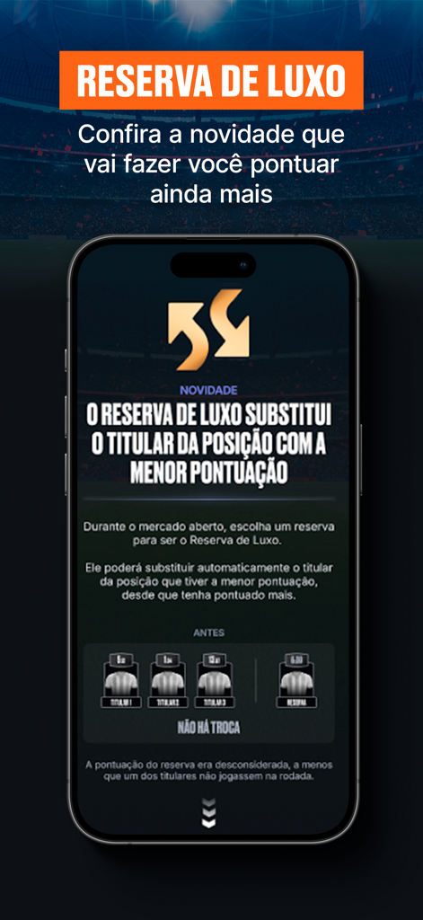 Screenshot of the Cartola app explaining the new Reserva de Luxo automatic substitution feature