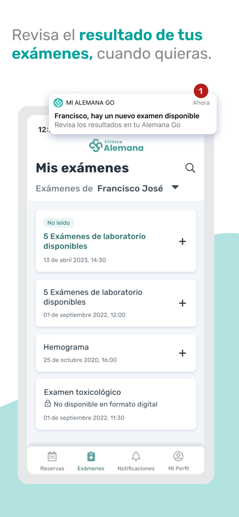 Mi Alemana Go - A smartphone interface of the Mi Alemana Go app showing a list of medical exam results and a push notification for a new available test.