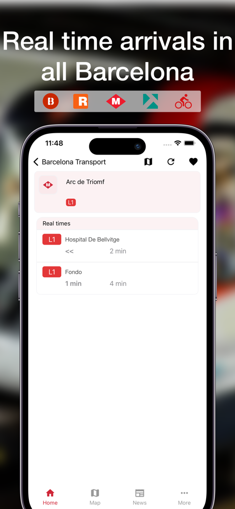 Barcelona Transports - Barcelona Transports app interface displaying live metro arrival times for the Arc de Triomf station