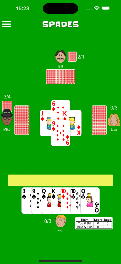 Gameplay of the Spades card game within the CardGames.io app showing the clean interface and player avatars