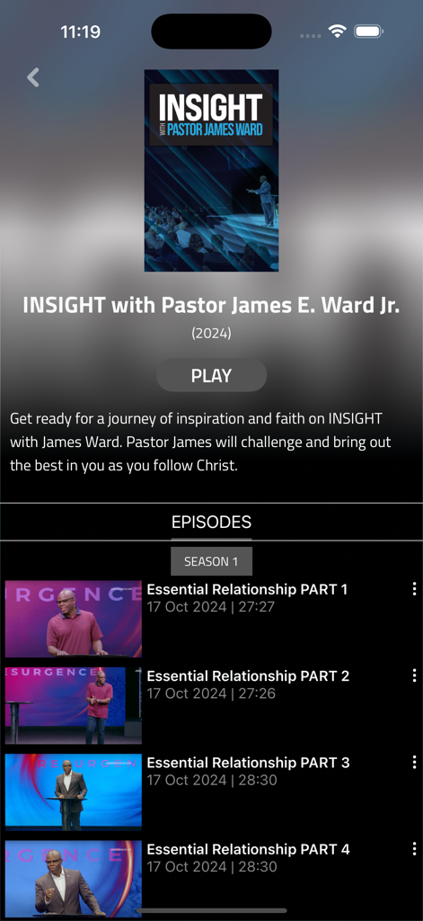 Una pantalla de la aplicación TLN plus que muestra la página del programa Insight with Pastor James E. Ward Jr., incluyendo una lista de episodios.