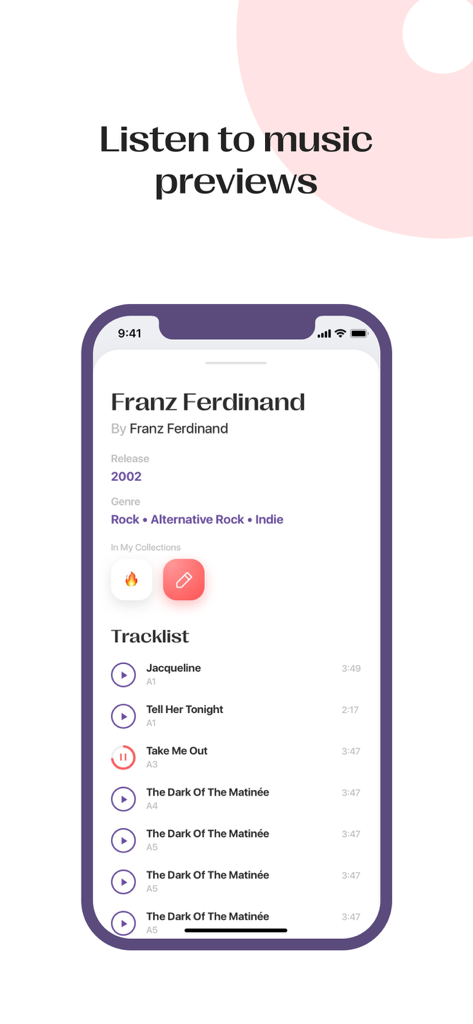Vinyls: Manage your collection - Schermata dell'iPhone che mostra una tracklist di album con pulsanti di anteprima musicale nell'app Vinyls.