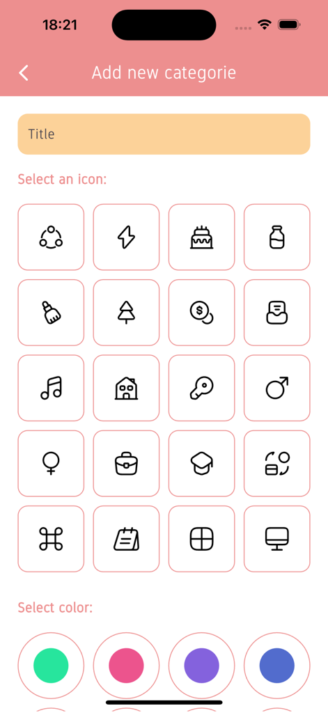 Interface for adding a new category in the Betao app featuring icon selection and color picking options