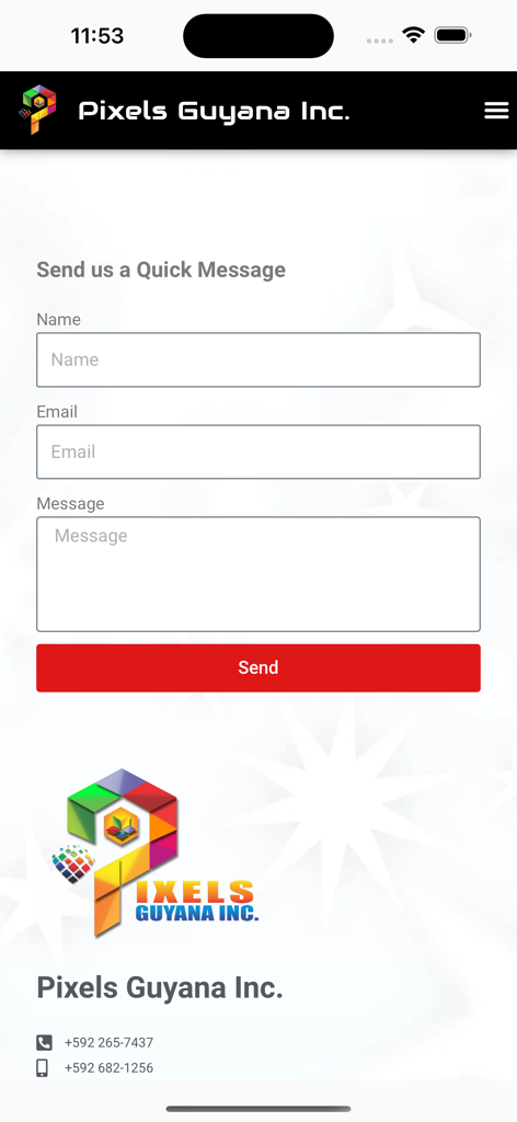 Pixels Guyana Inc. - Pixels Guyana Inc contact us screen featuring a quick message form and company contact information