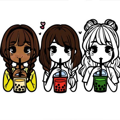 girls with braided hair and there mom drinking boba