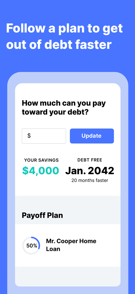 WalletHub app screenshot showing a personalized debt payoff plan and mortgage tracking