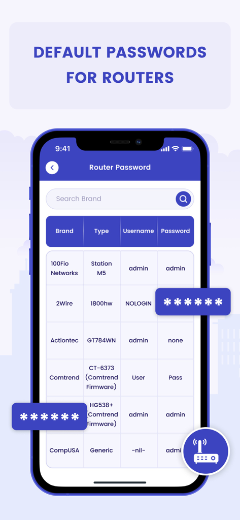 Table of default router usernames and passwords for various brands in the app