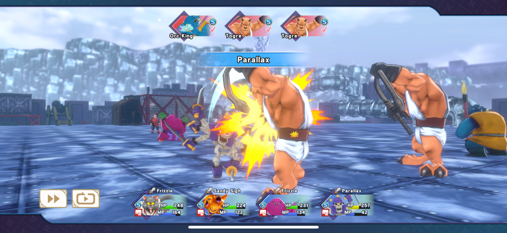 DQM: The Dark Prince - Una scena di combattimento a turni in Dragon Quest Monsters The Dark Prince che mostra un attacco di un mostro scheletro su una mappa industriale innevata