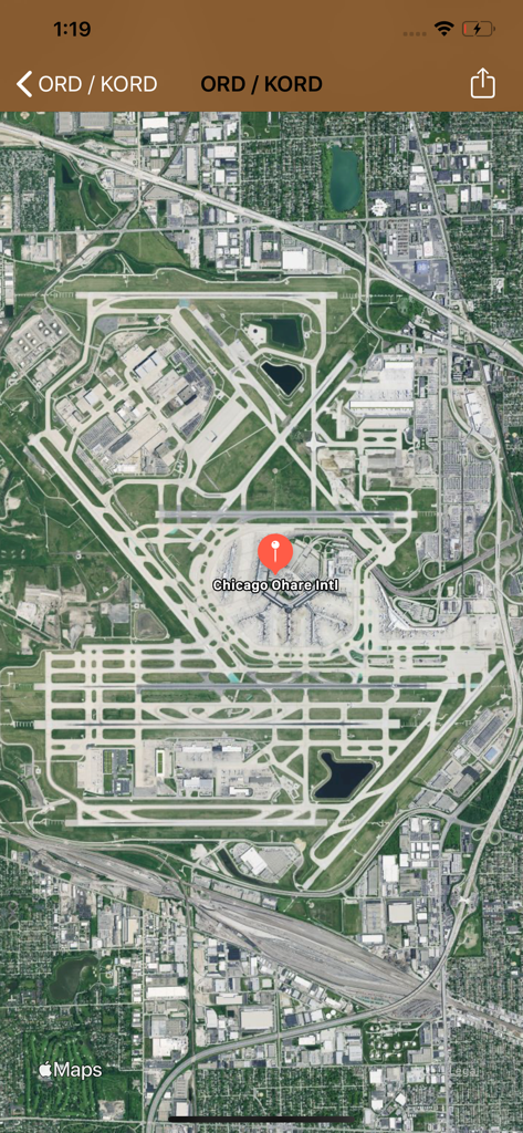 Airports Plus - Satellite map view of Chicago Ohare International Airport in the Airports Plus app