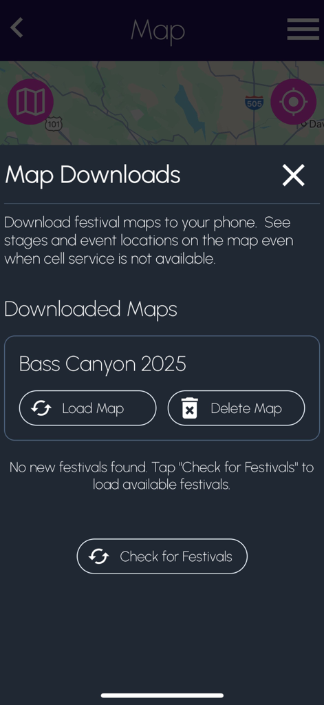 Totem Compass app screen showing offline festival map downloads for Bass Canyon 2025