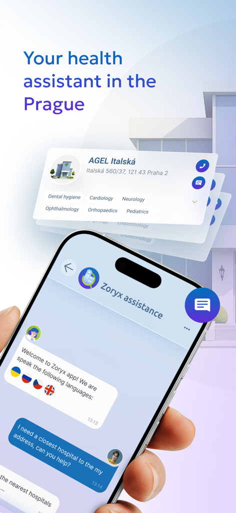 ZORYX - Smartphone screen displaying the Zoryx AI health assistant chat and a clinic information card in Prague.